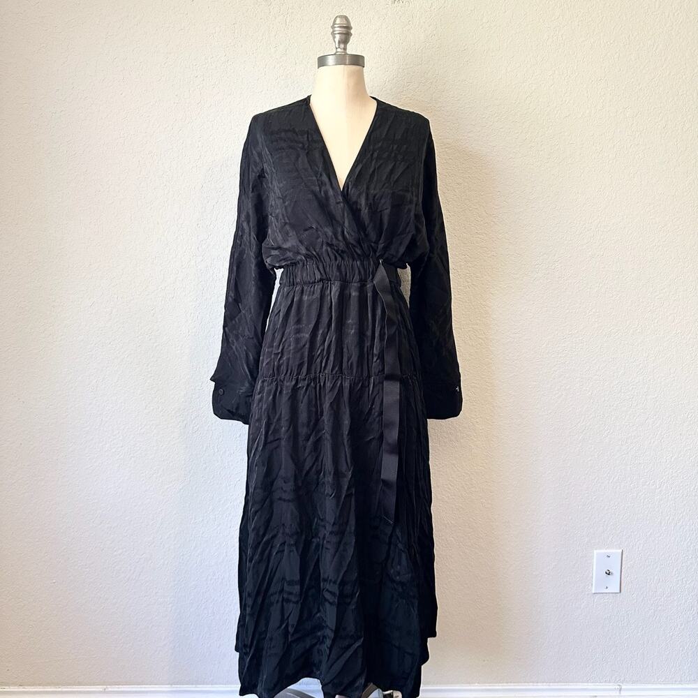 TELA Dress Black V-Neck Long Sleeve Batwing Tiered Maxi Faux Wrap